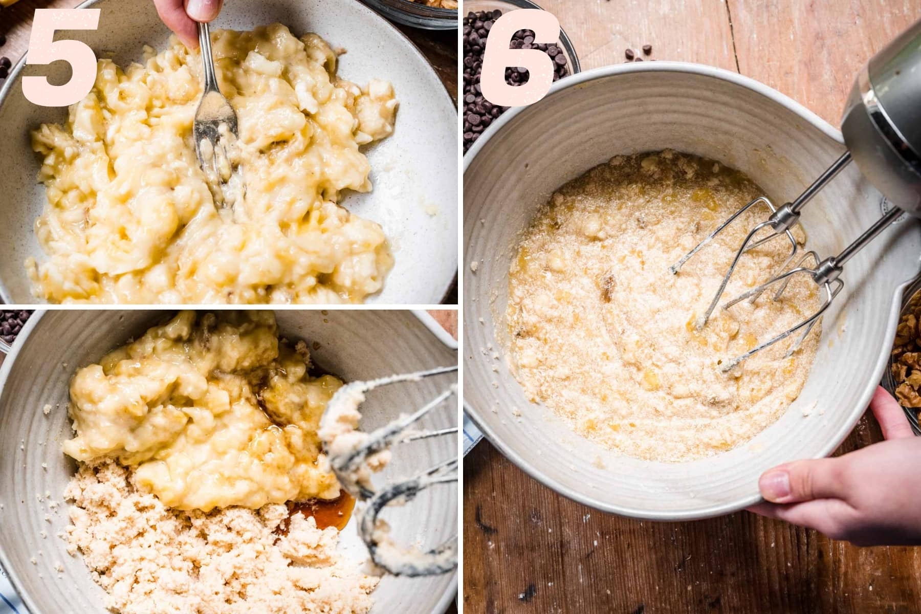 On the left: mashing bananas and then adding them to creamed butter. On the right: mixing in mashed bananas.