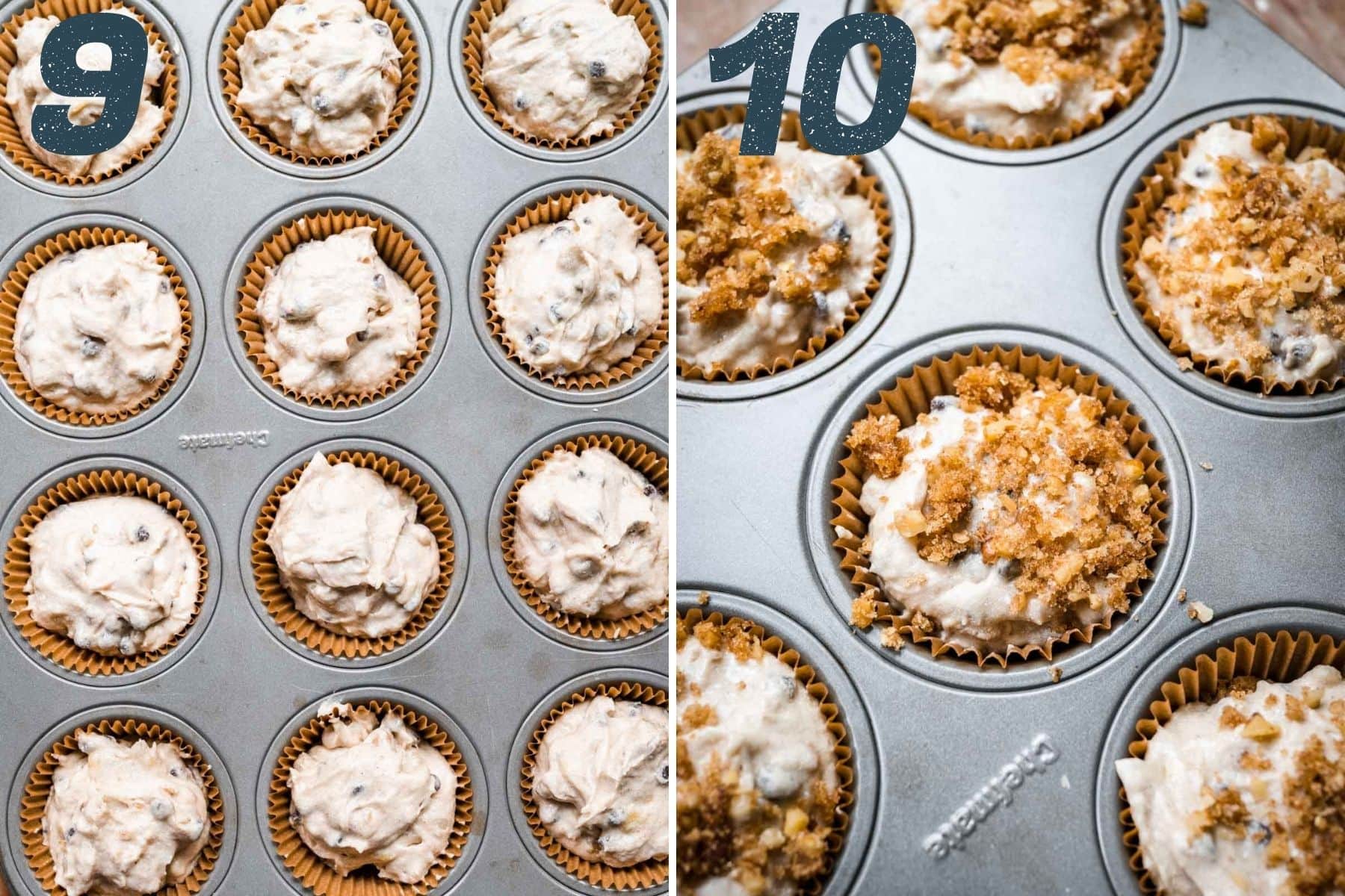 On the left: batter in muffin tins. On the right: batter topped with topping in tins.