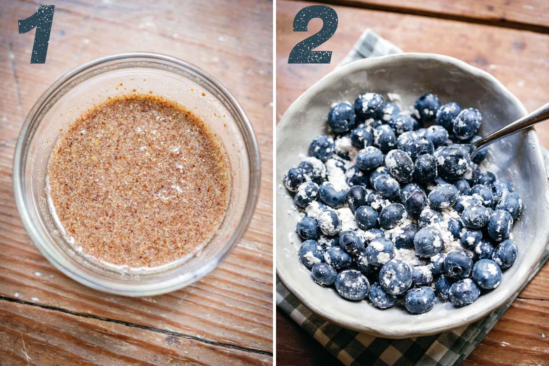 On the left: flax meal stirred with water. On the right: blueberries coated in flour.