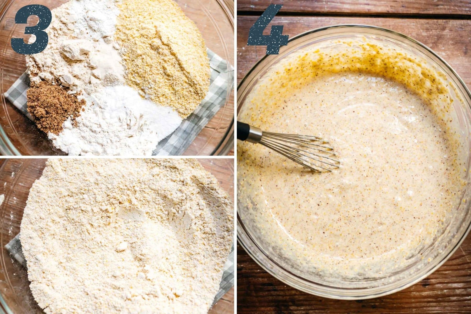 On the left: dry ingredients stirred together. On the right: stirring in the wet ingredients.
