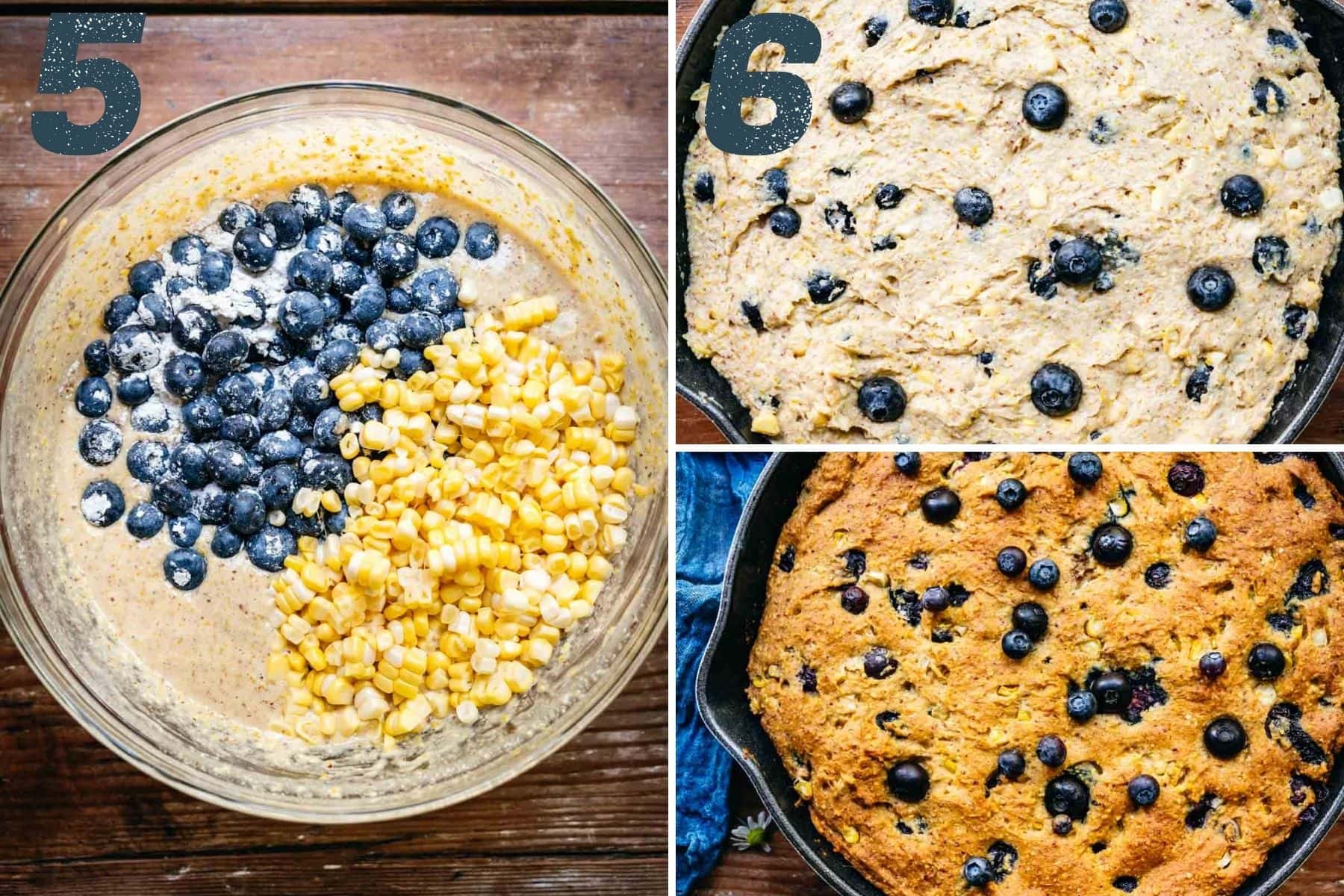 On the left: adding blueberries and corn to the batter. On the right: batter in skillet before and after cooking.