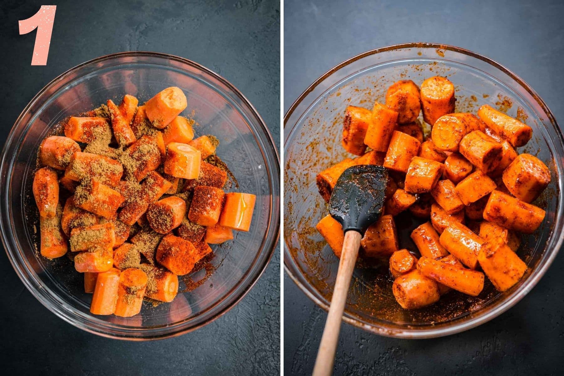 On the left: bowl of chopped carrots with spices added. On the right: carrots in a bowl after mixing.