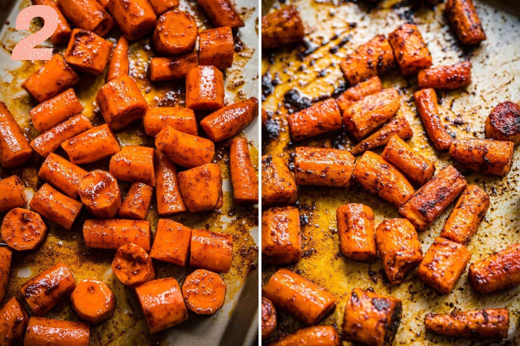 On the left: carrots on a sheet pan before roasting. On the right: carrots after roasting.