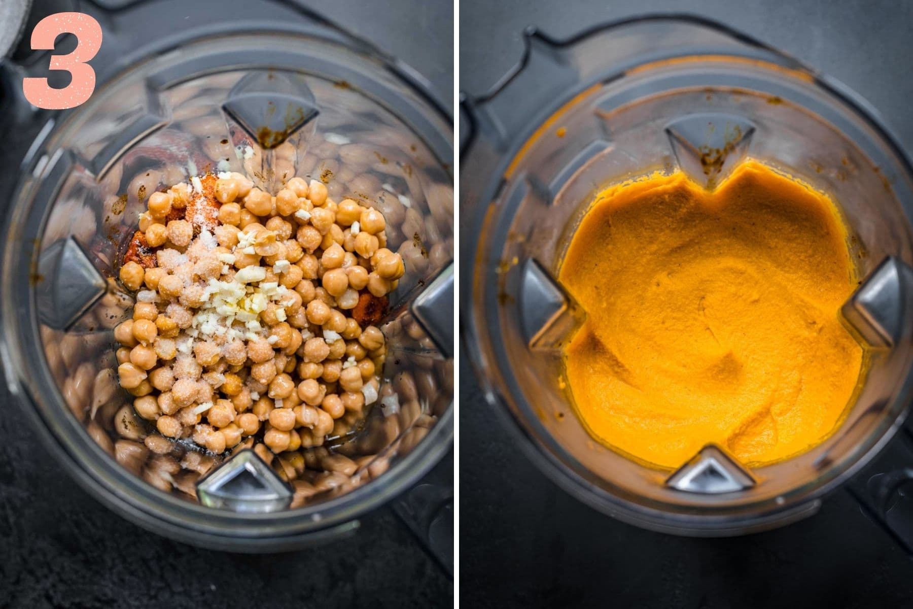 On the left: carrot dip before blending. On the right: dip after blending.