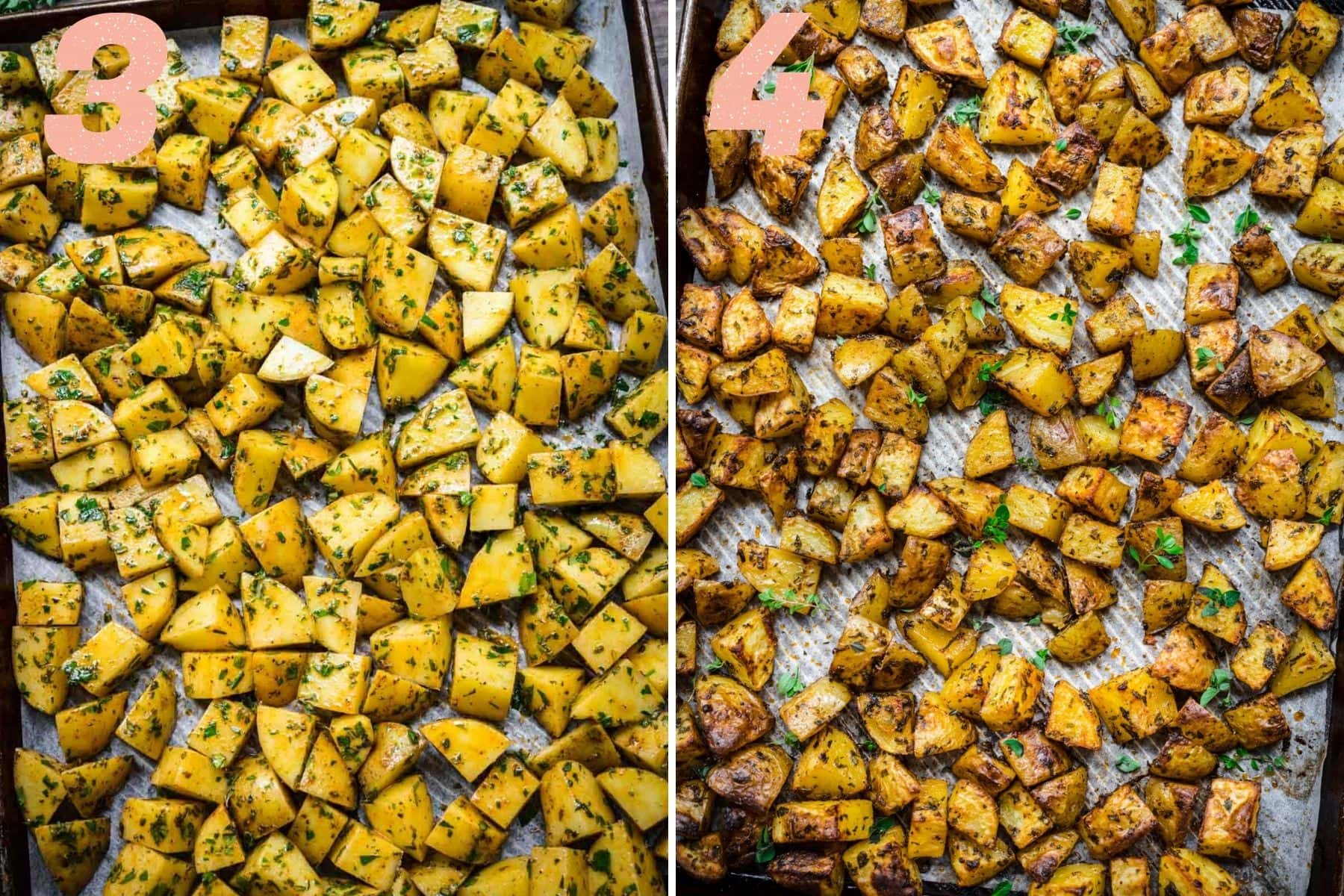 On the left: uncooked potatoes on a sheet pan. On the right: potatoes after being cooked.