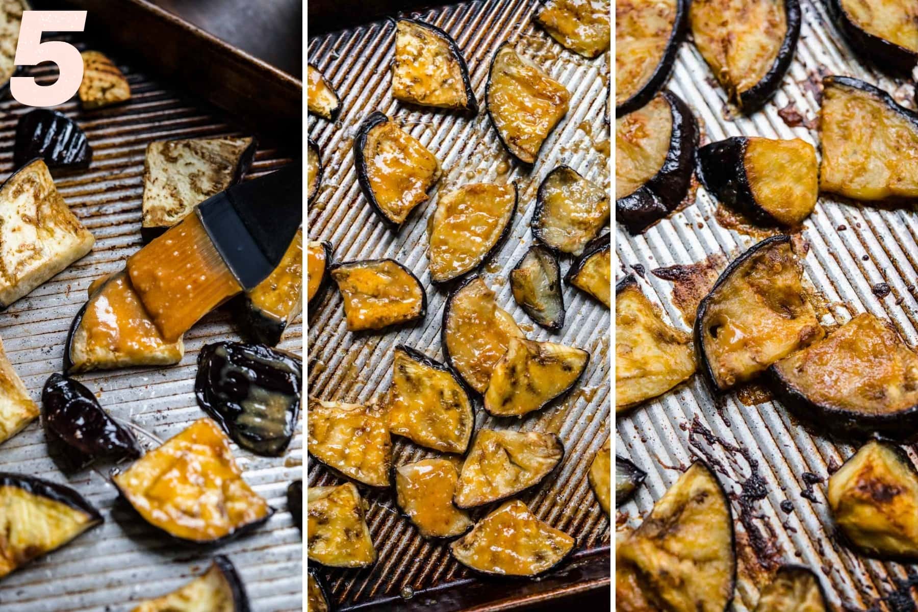 brushing eggplant slices with miso glaze and baking on sheet pan. 