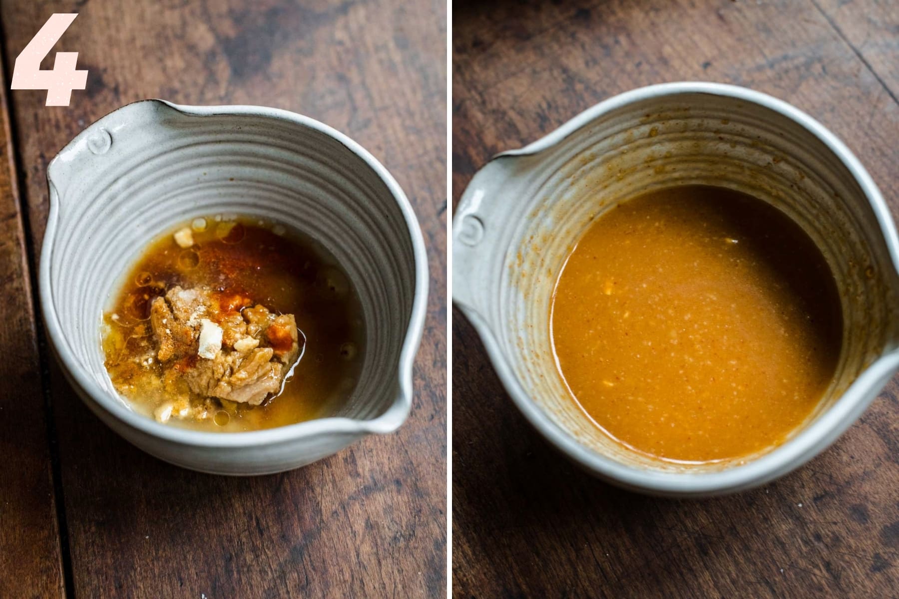 before and after whisking together miso soy glaze. 