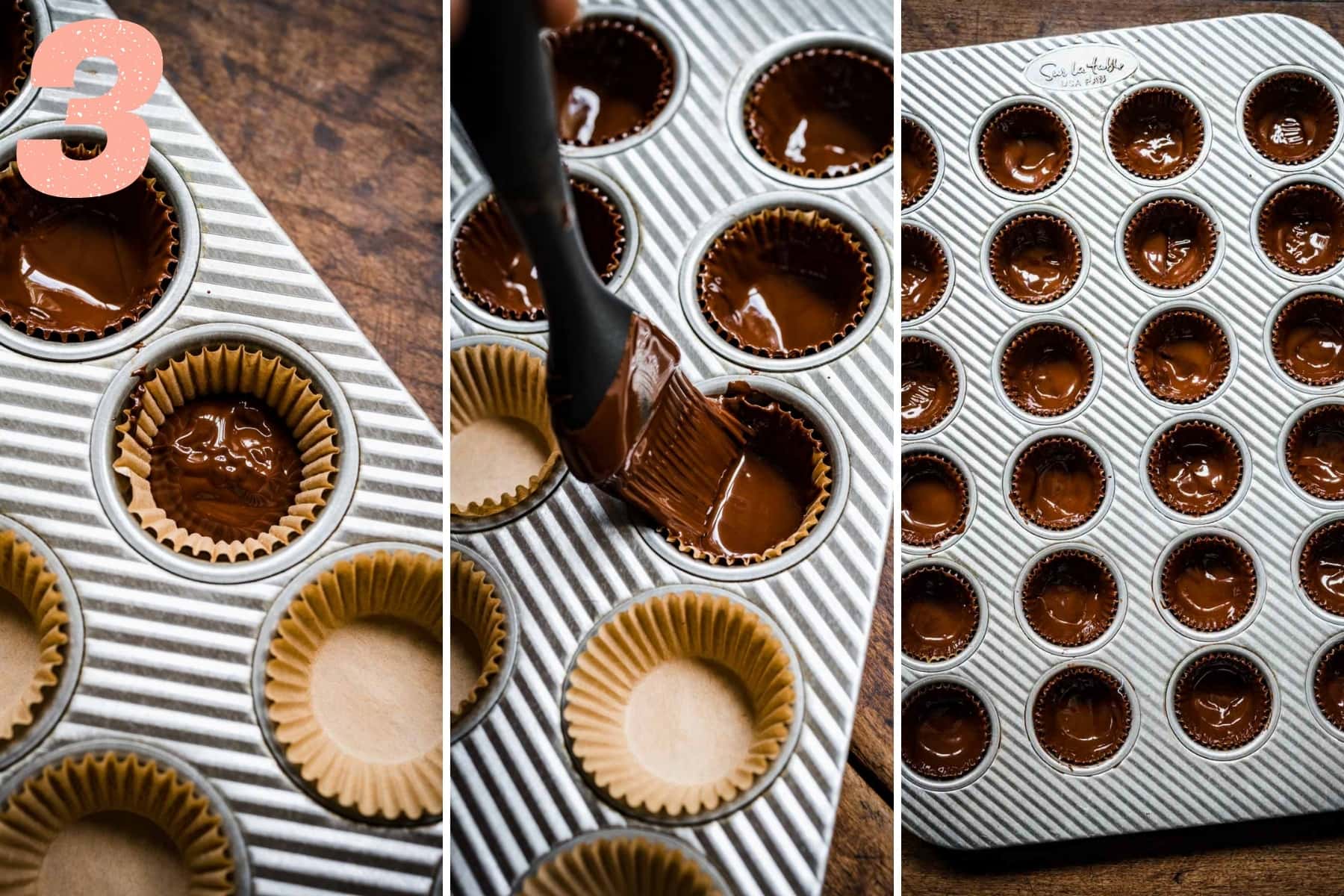 three photos showing brushing dark chocolate up the sides of mini muffin tins.