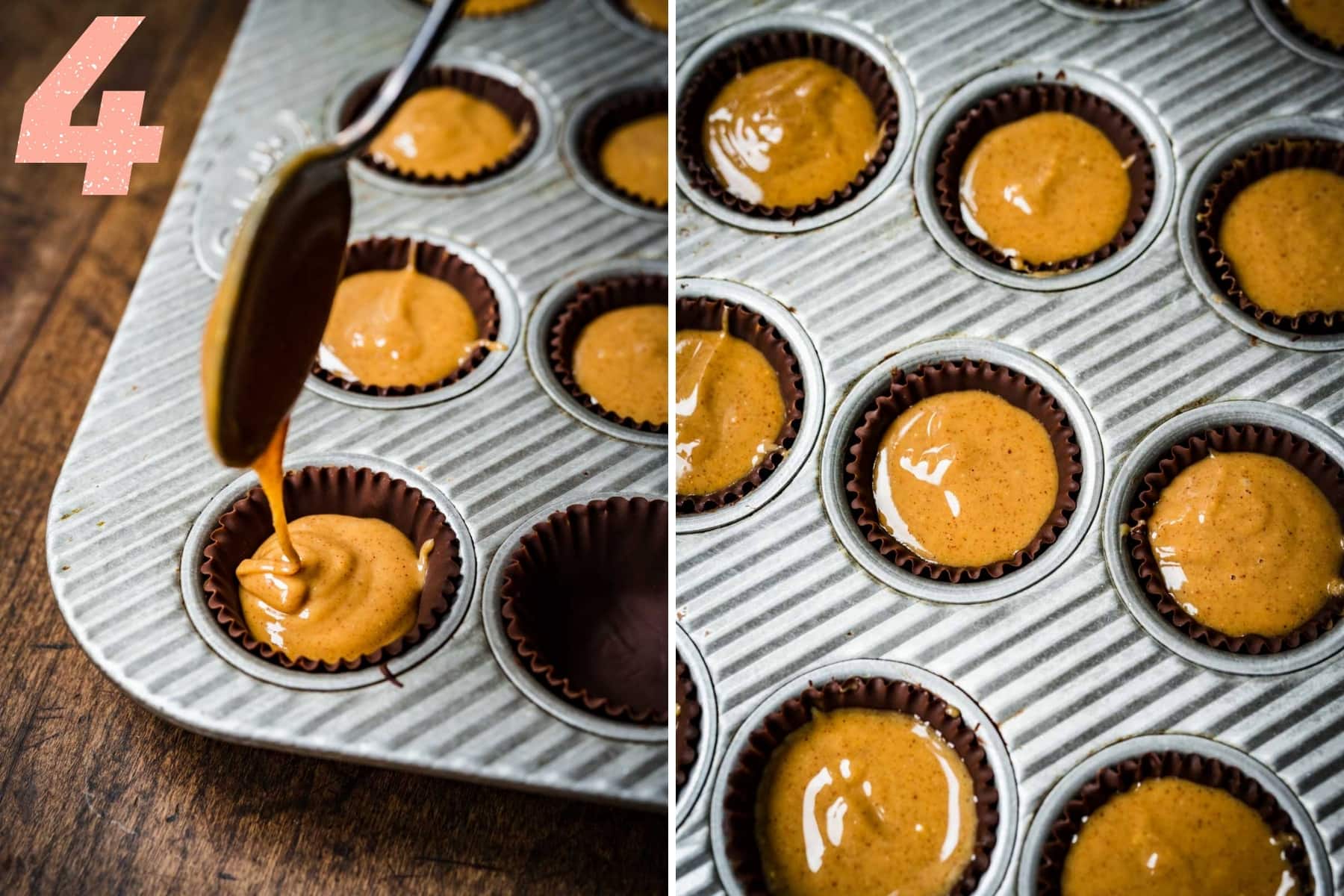 spooning peanut butter filling into chocolate shell for homemade peanut butter cups. 