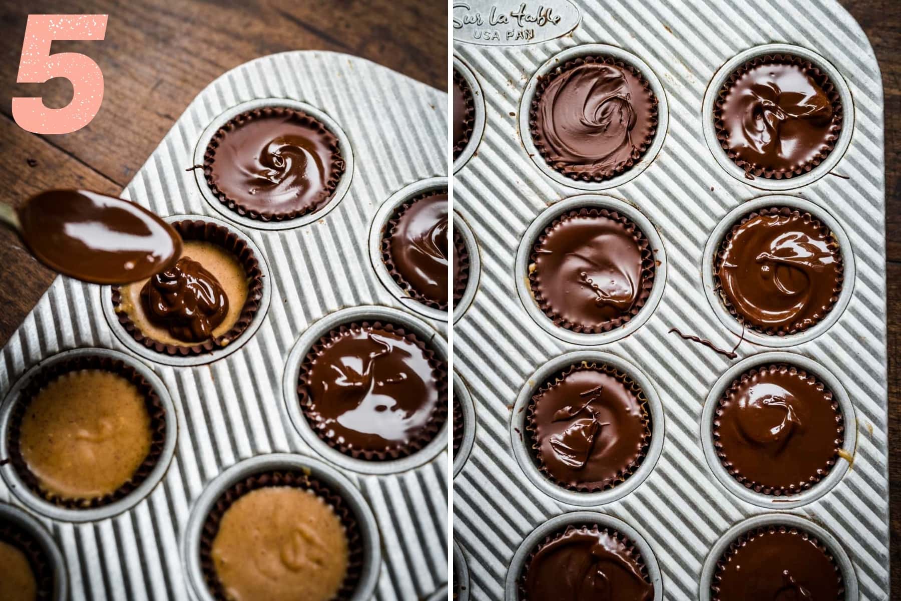 spooning a layer of melted chocolate on top of peanut butter filling to make peanut butter cups in mini muffin tin.