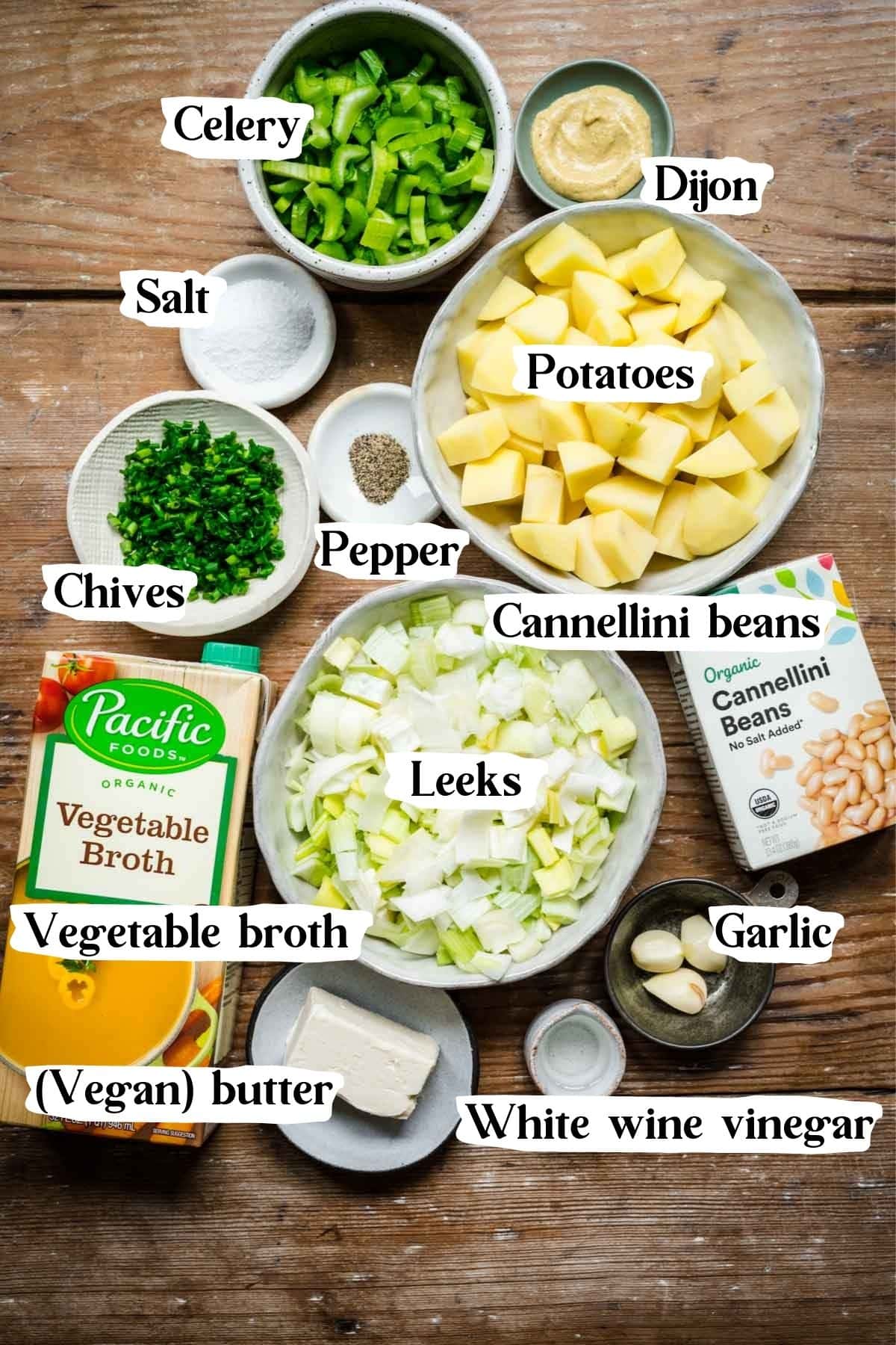 Overhead view of potato leek soup ingredients.