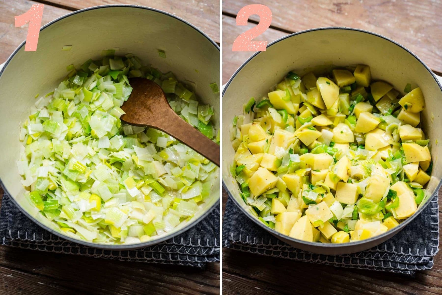 On the left: leeks sauteing in a pot. On the right: potatoes are added to the pot.