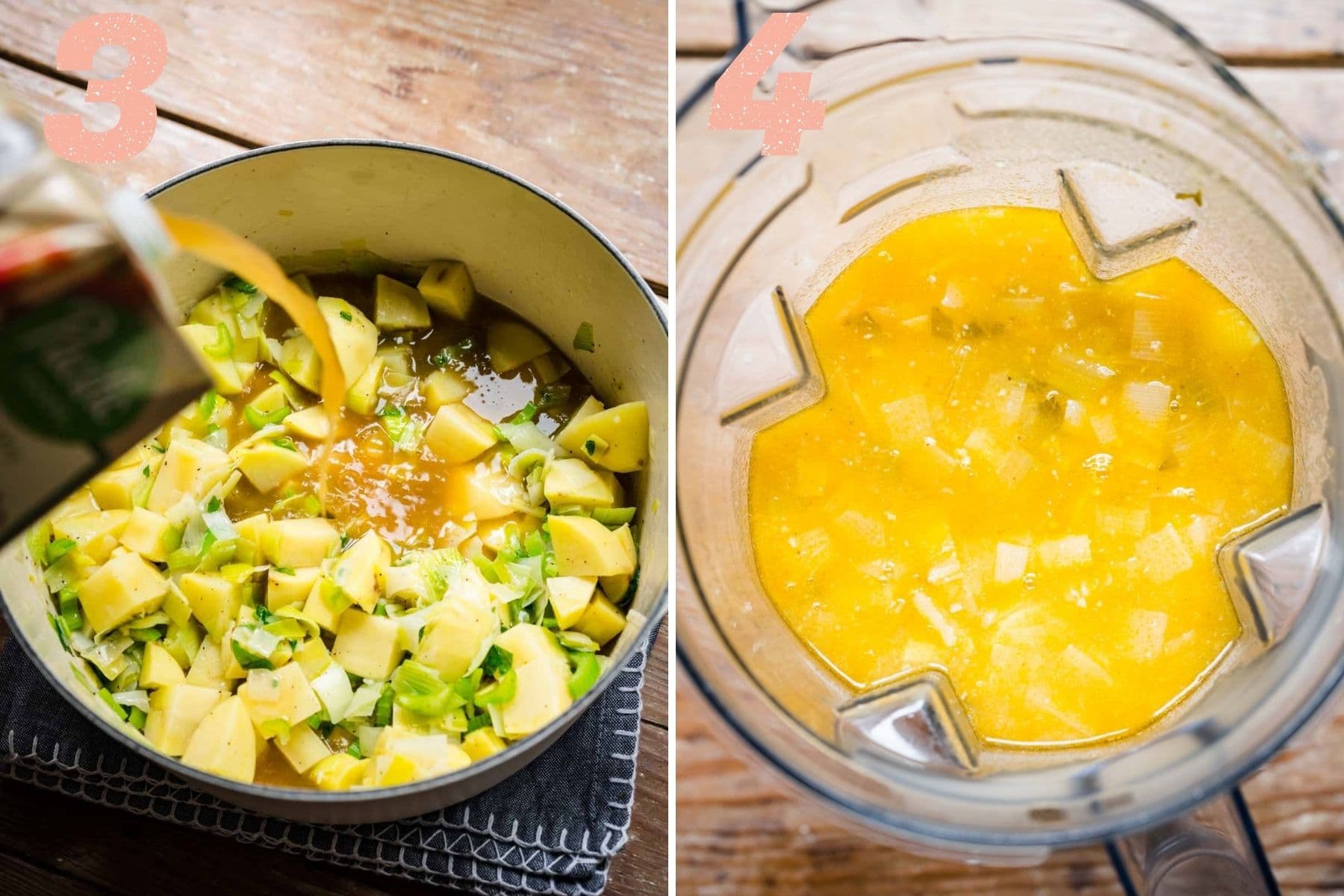 On the left: broth being added to cooked vegetables. On the right: Soup added to a blender.