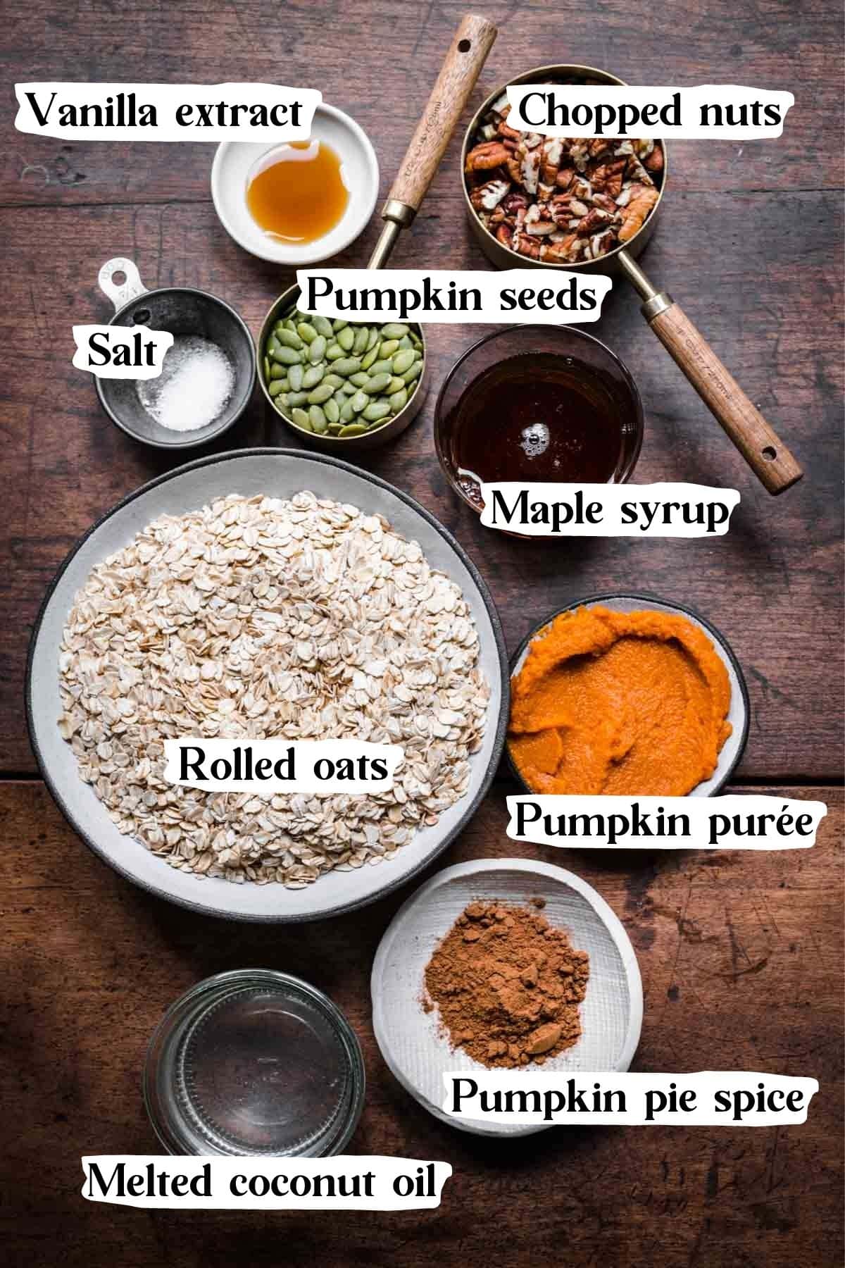 Overhead view of pumpkin spice granola ingredients.