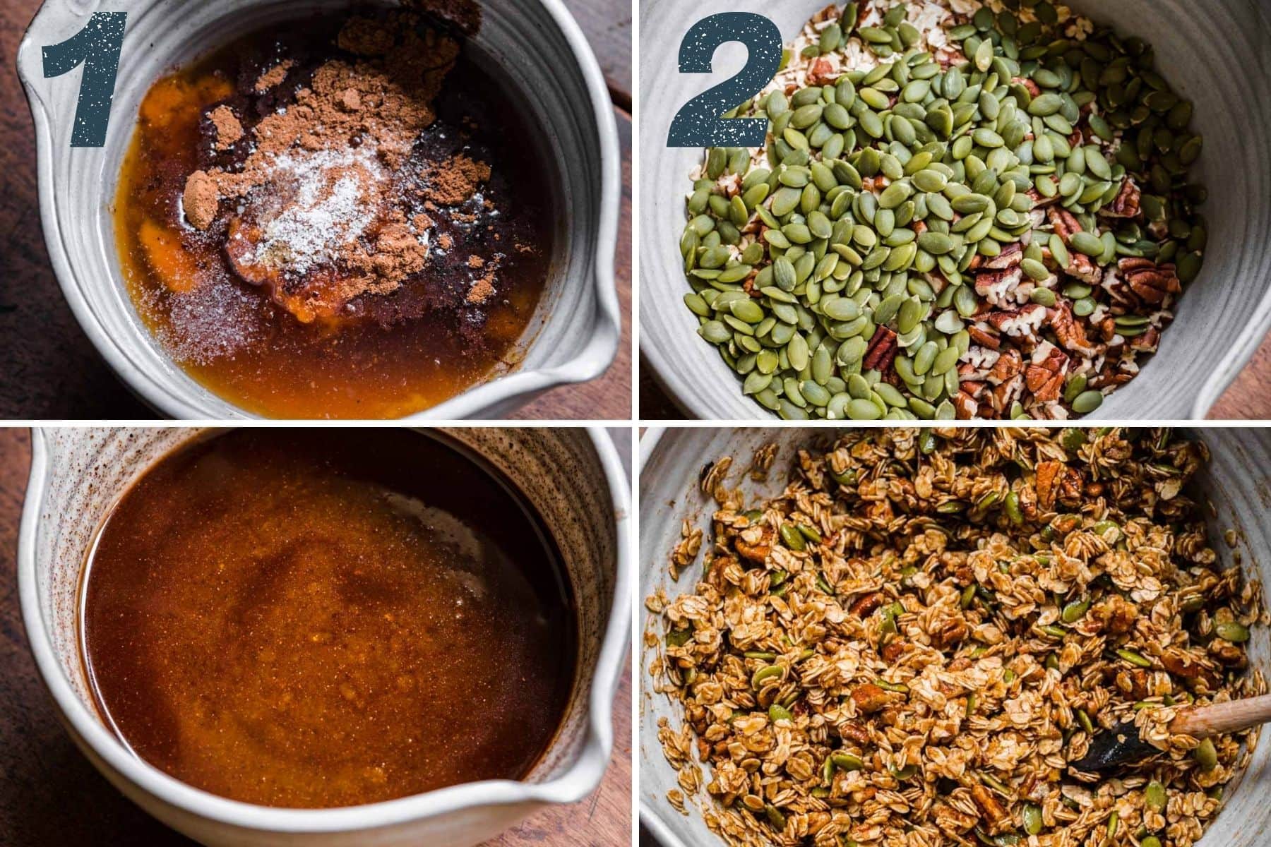 On the left: stirring spices into liquid ingredients. On the right: stirring oats and pumpkin seeds into spice and liquid mixture.