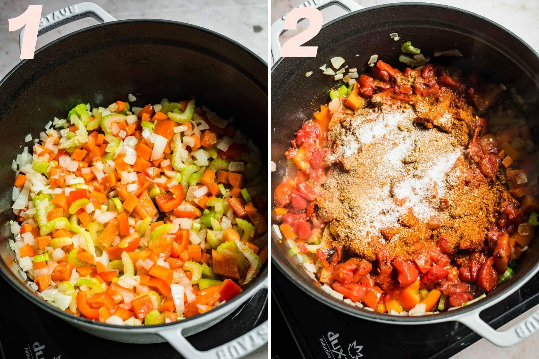 on the left: sauteed vegetables in soup pot. on the right: sauteed vegetables, tomatoes and spices in soup pot.