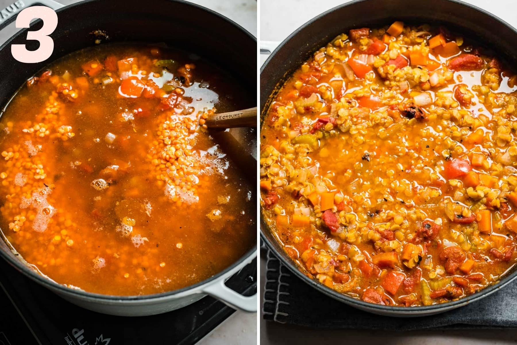 red lentil soup in large pot before and after cooking.