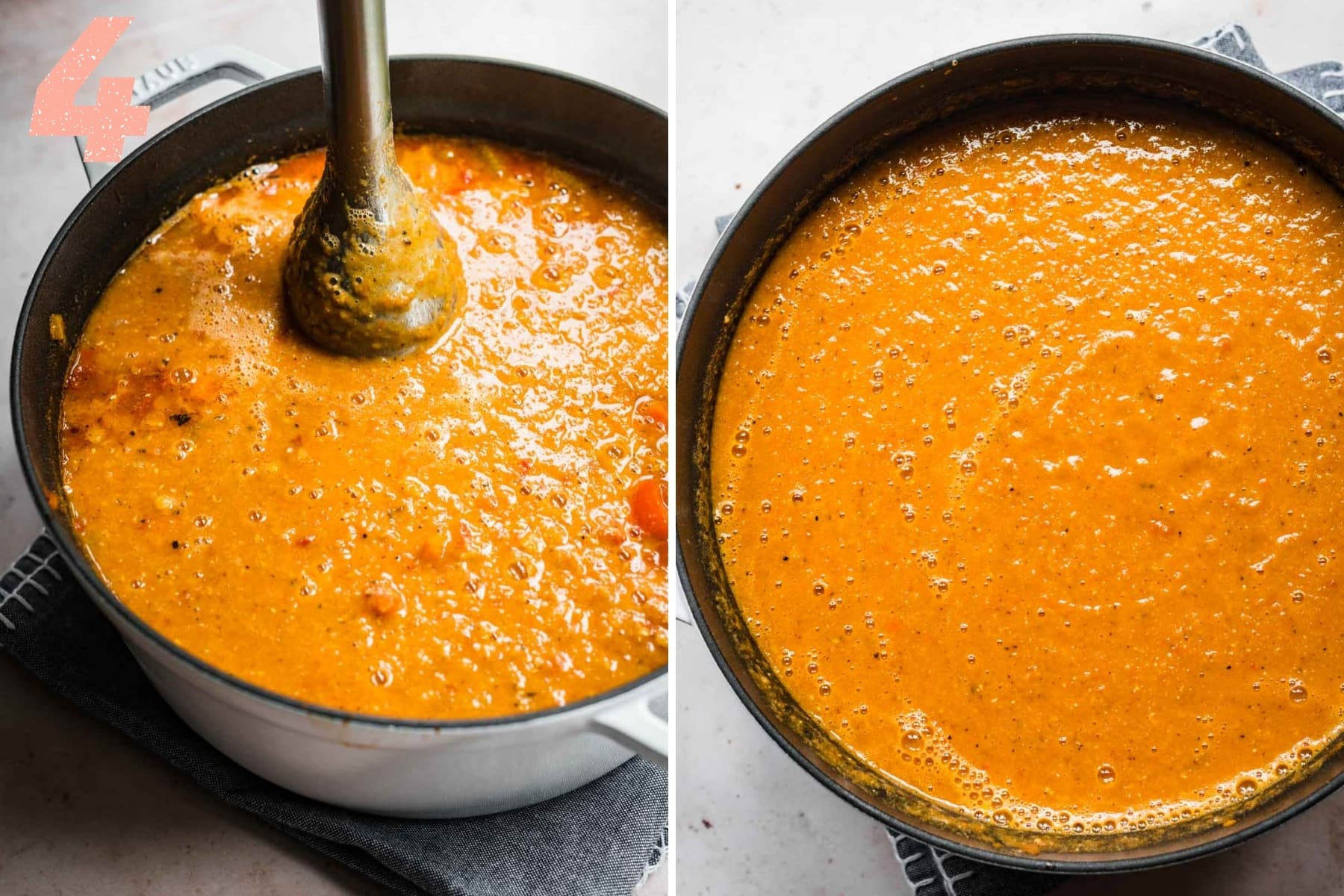 puréeing red lentil soup with immersion blender. 