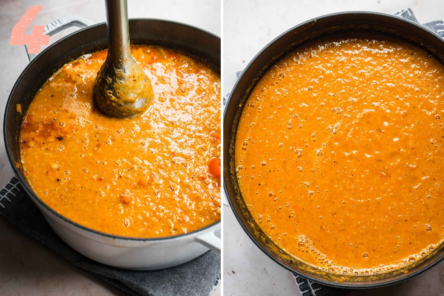 puréeing red lentil soup with immersion blender.