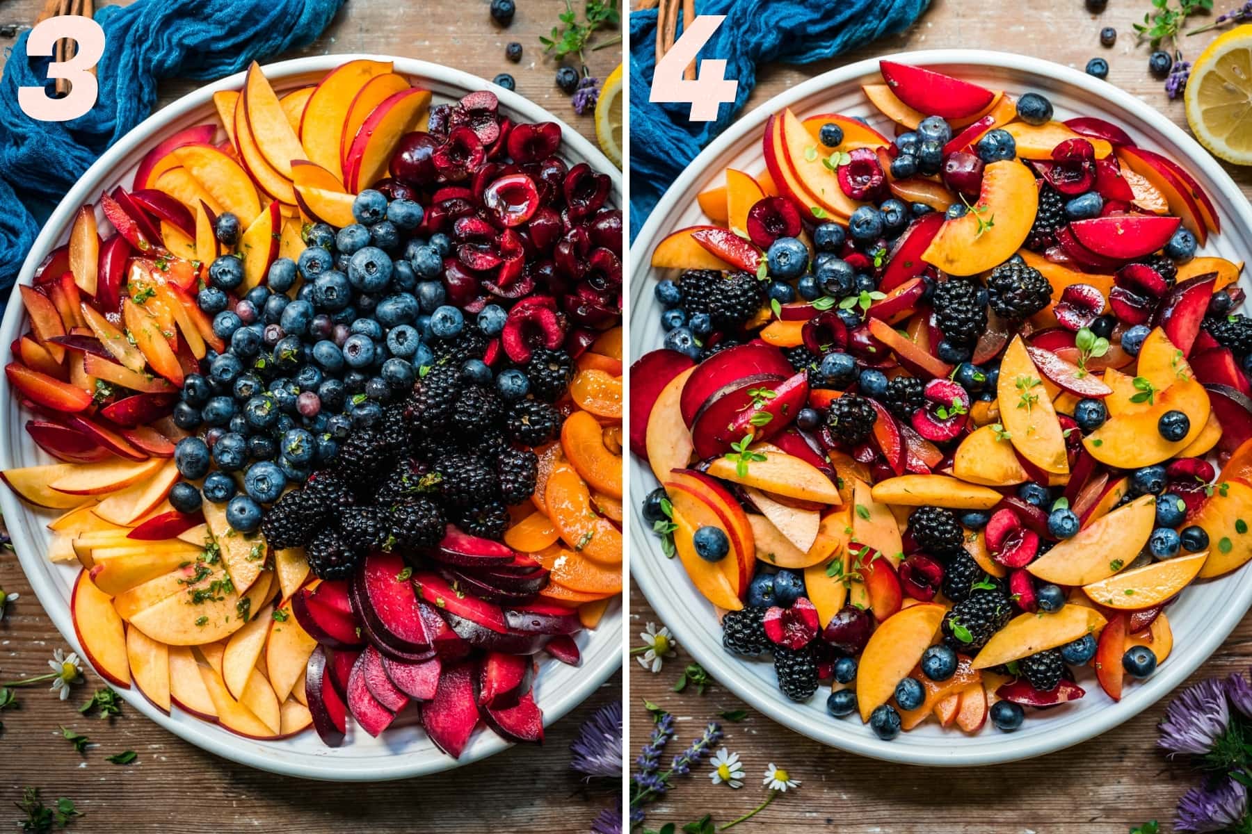 overhead view of summer fruit salad with stone fruit and berries on large white platter before and after mixing together. 