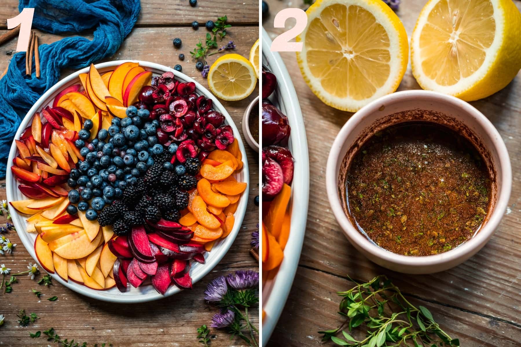 on the left: sliced stone fruit and berries on a large platter. on the right: maple cinnamon thyme dressing in small pink bowl.