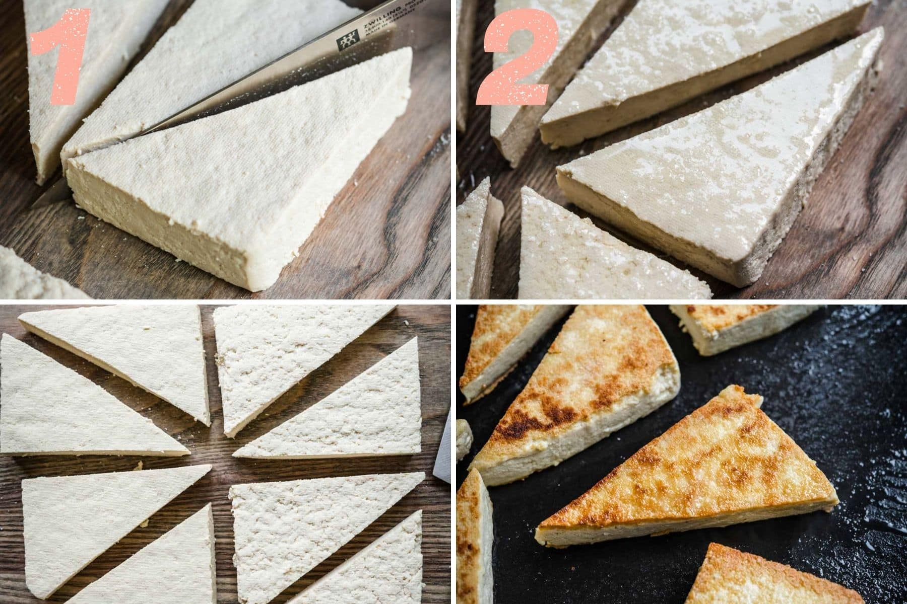 On the left: tofu being cut into triangles. On the right: tofu brushed with olive oil and crisped up.