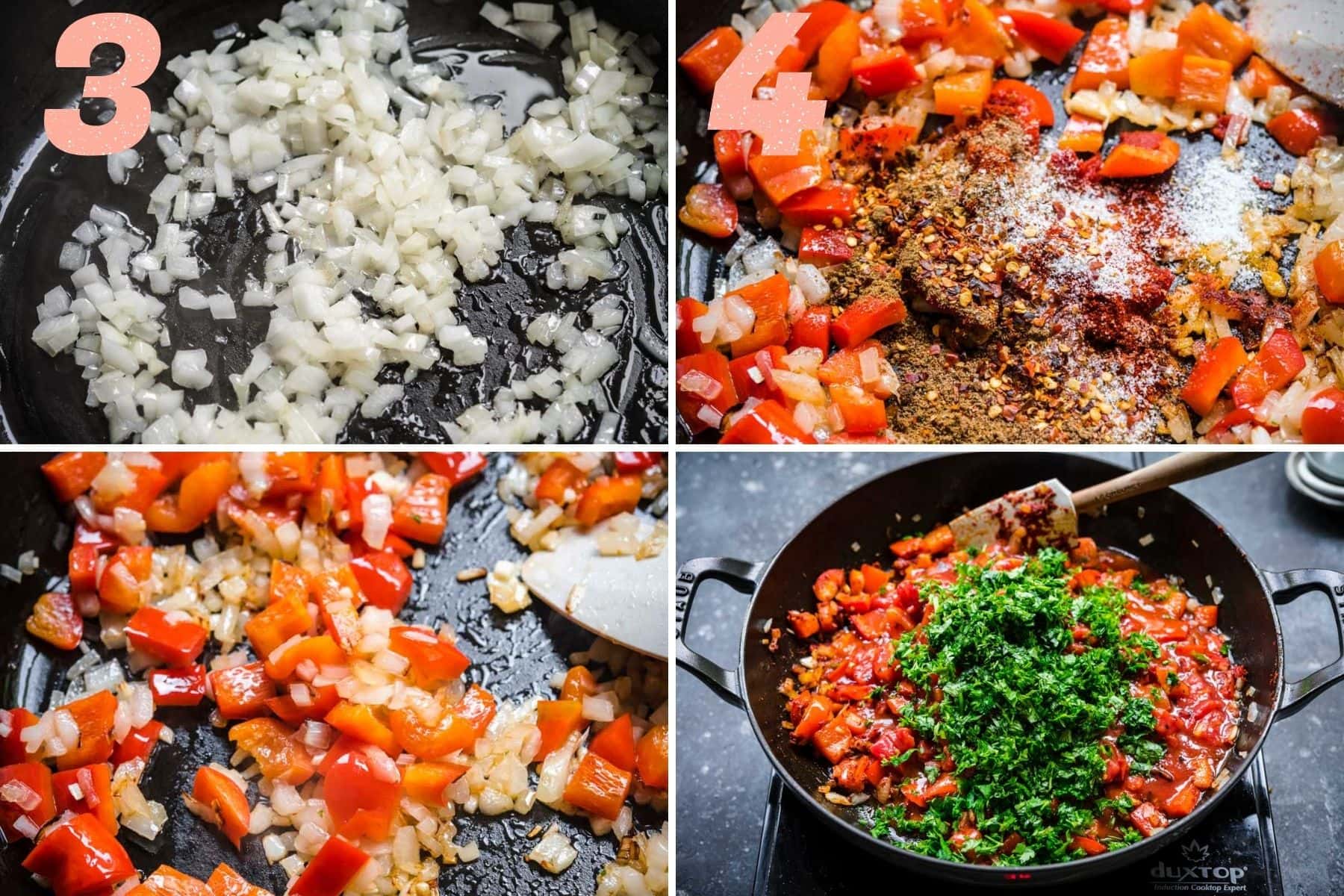 On the left: onions cooking in the skillet and then adding in bell pepper. On the right: spices, tomatoes, and parsley added to the skillet.