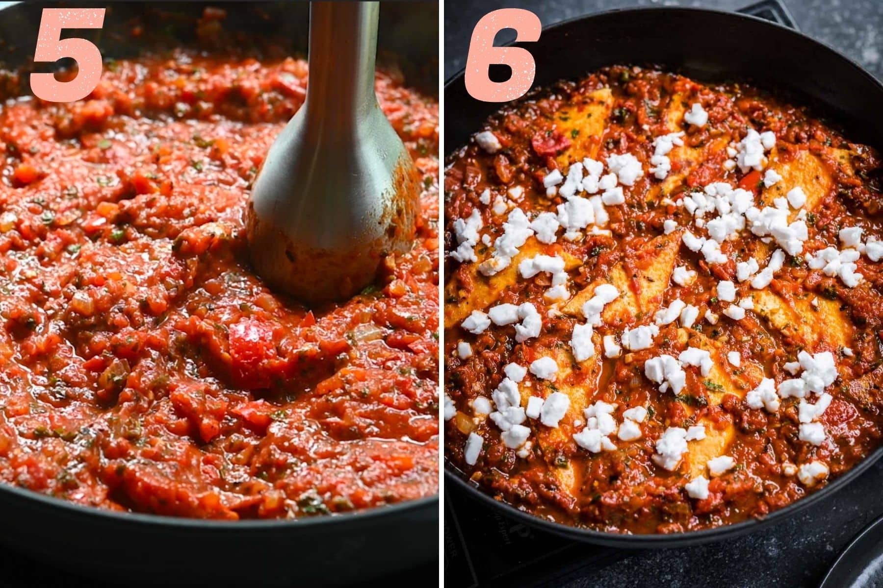 On the left: blending tomato sauce with an immersion blender. On the right: tofu shakshuka after coming out of the oven.