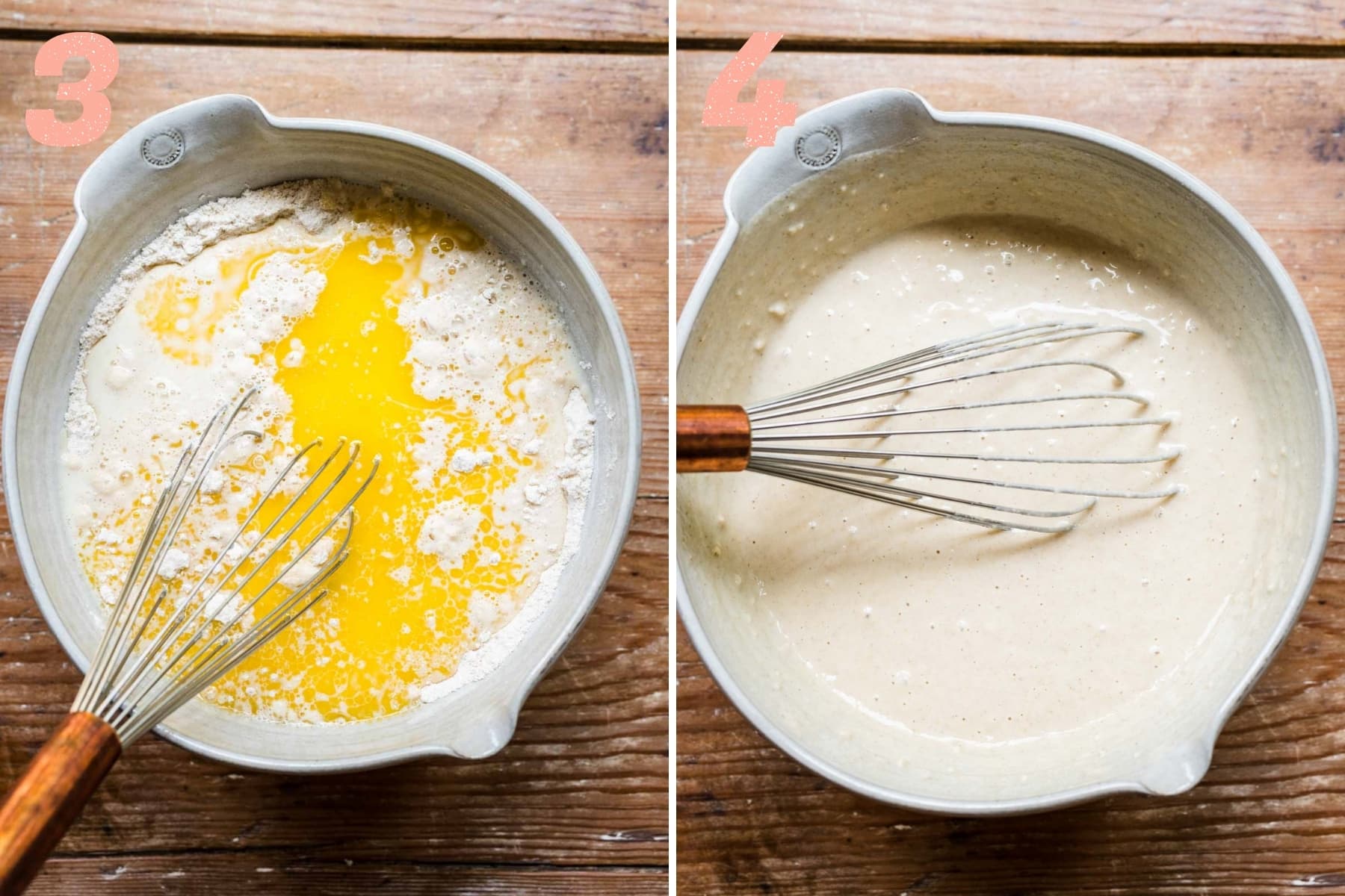 before and after mixing wet ingredients into dry ingredients for vegan waffle batter. 