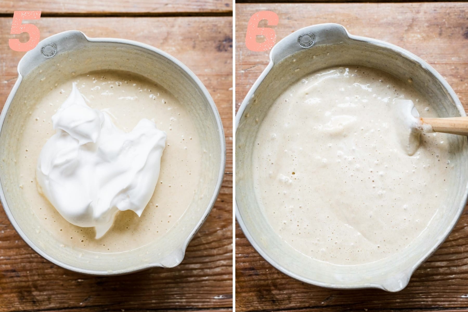 before and after folding aquafaba into vegan waffle batter. 