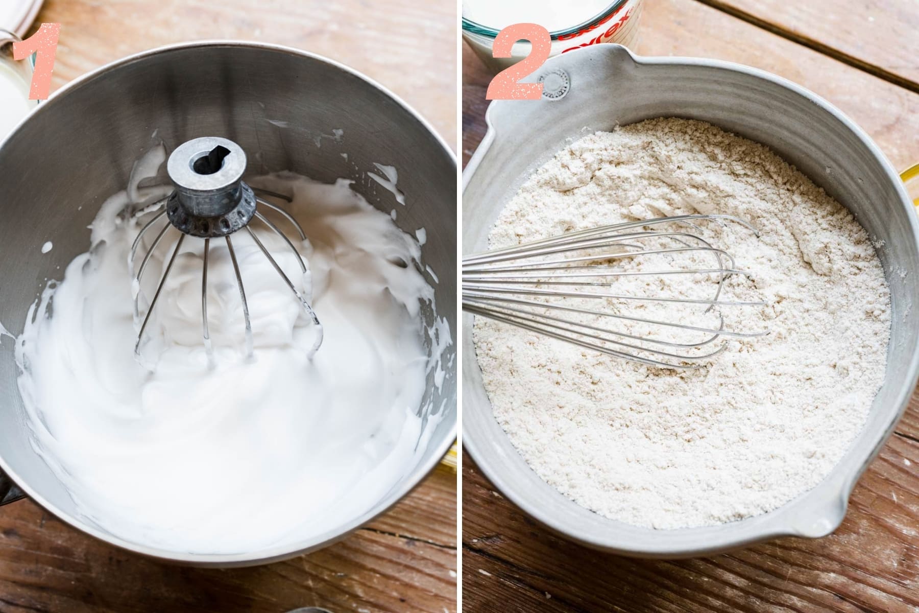 on the left: whipped aquafaba in a stand mixer bowl. on the right: dry ingredients for vegan waffles in a bowl.