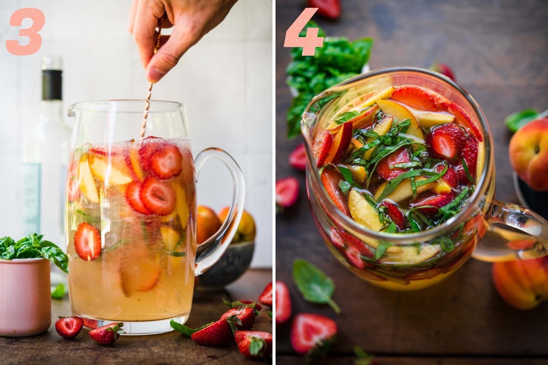 stirring strawberry peach sangria in a large pitcher. 