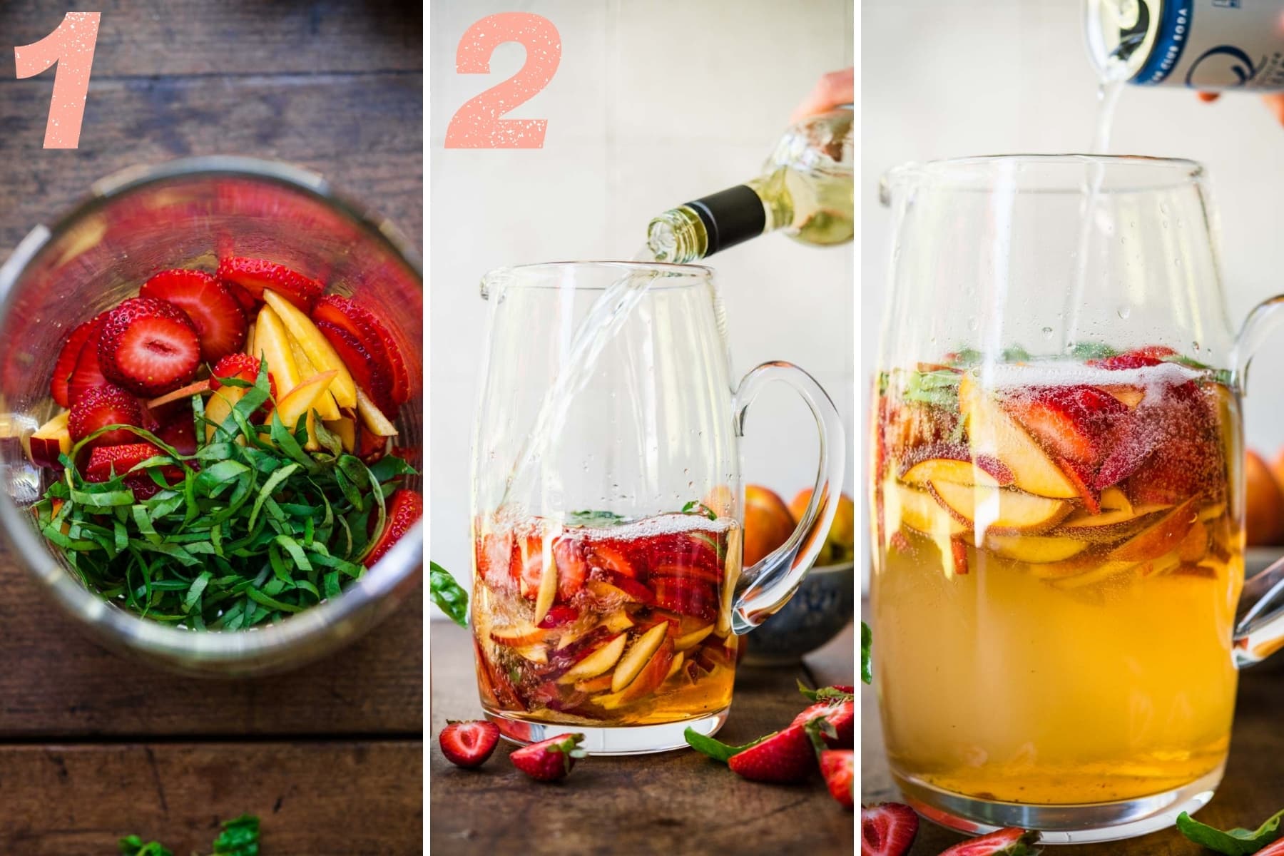 pouring wine and club soda into pitcher with strawberries, peaches and basil.