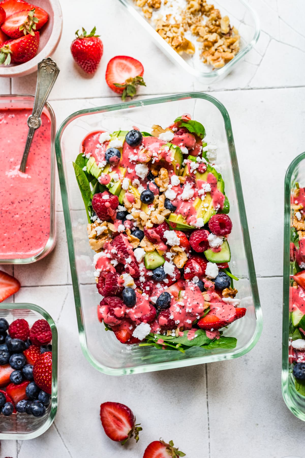 Overhead view of salad in a glass container.