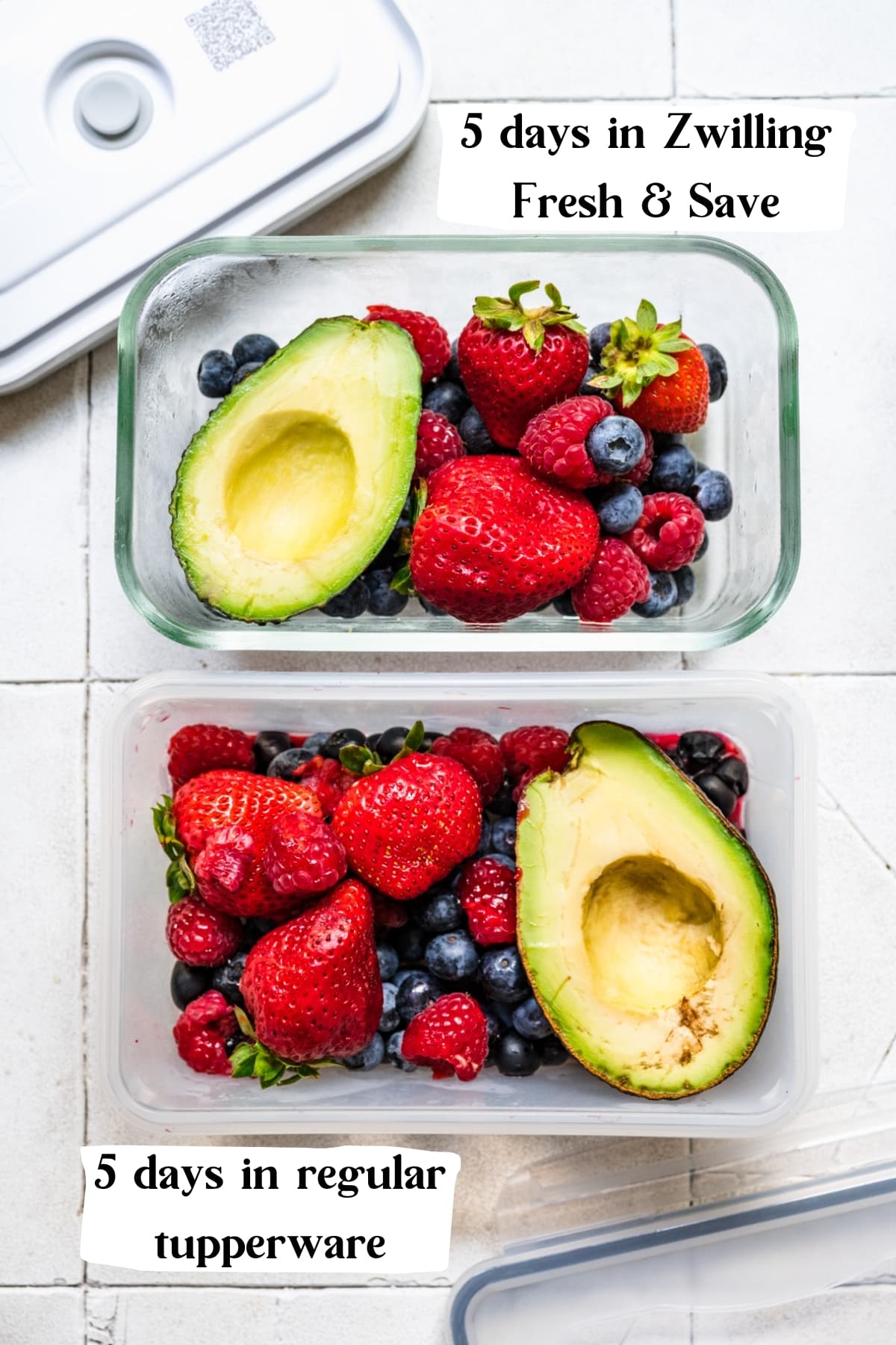 overhead view of berries and avocado in two different tupperware containers. 