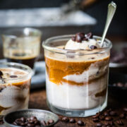 Front view of affogato in a glass cup.