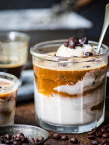 Front view of affogato in a glass cup.