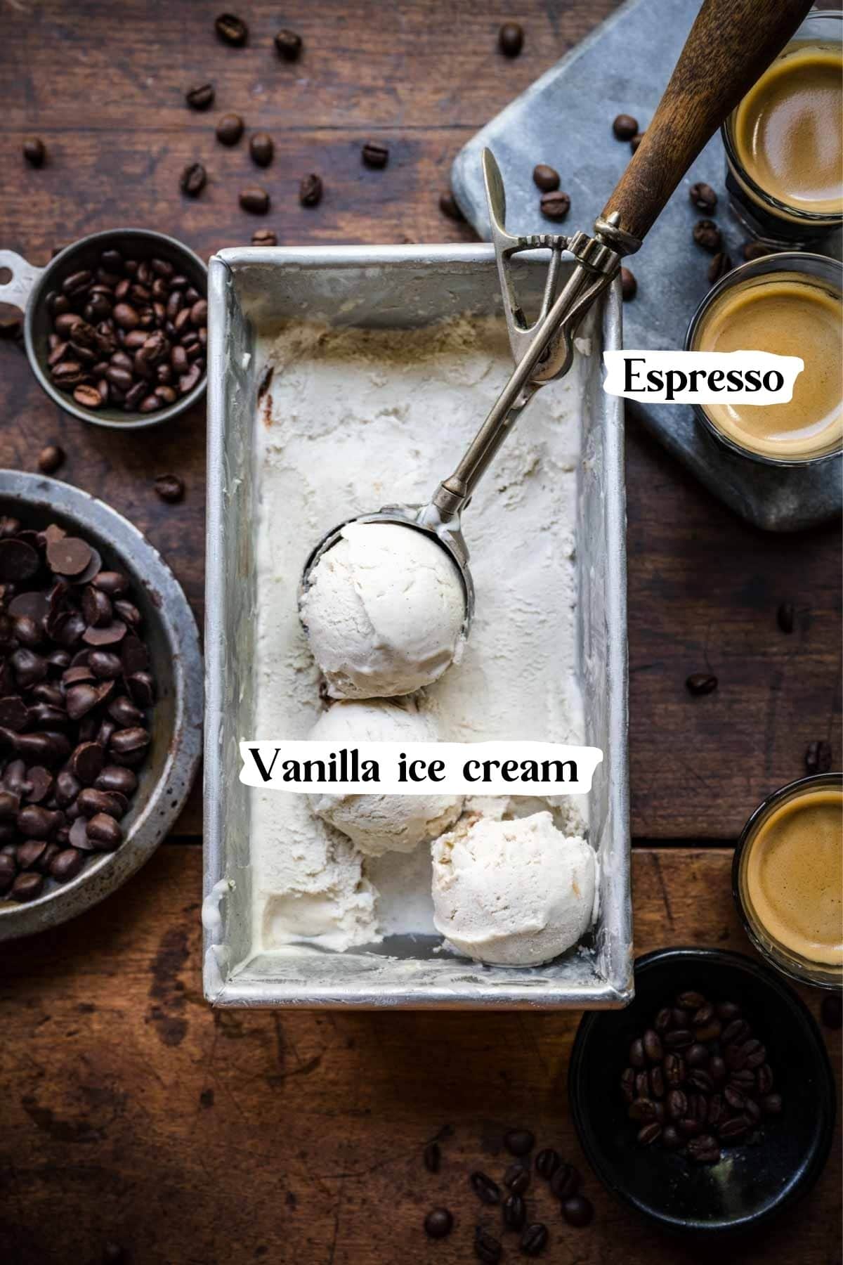 Overhead shot of affogato ingredients: vanilla ice cream and espresso.