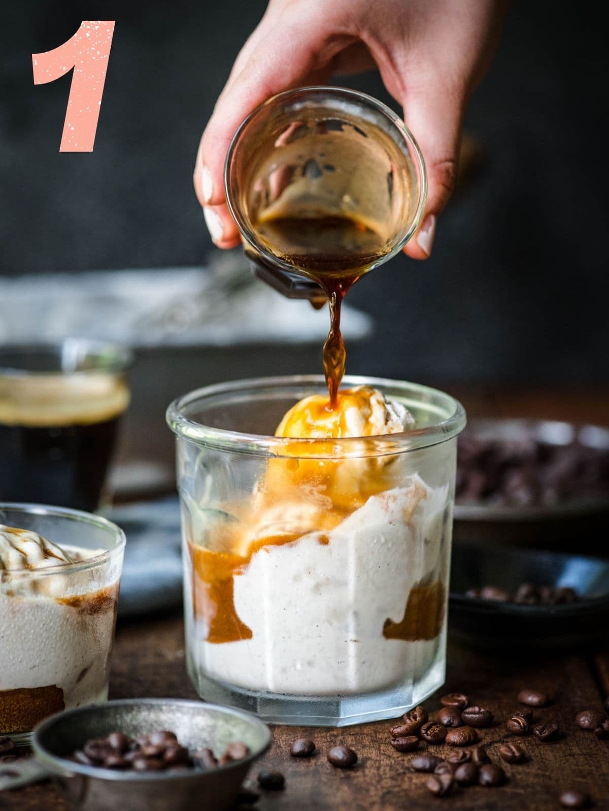 Espresso being poured over vanilla ice cream to create affogato.