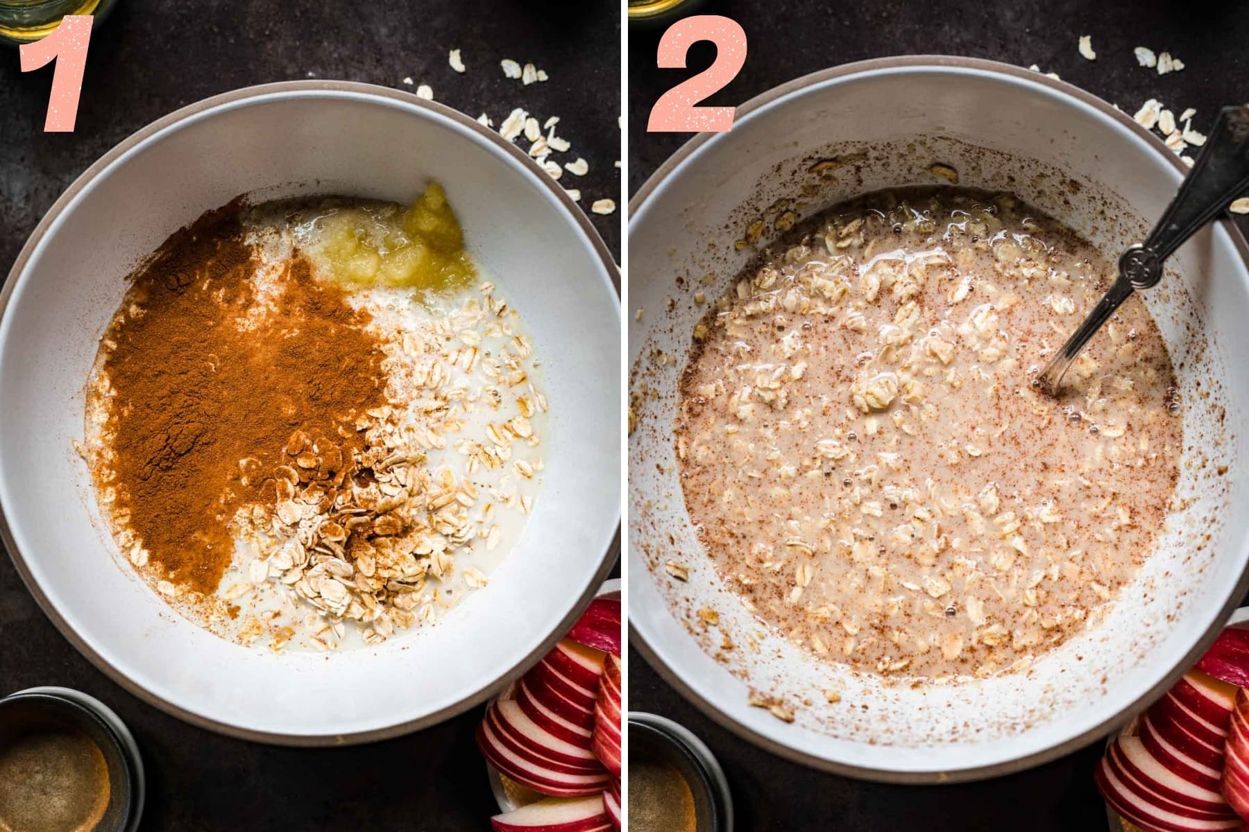 before and after mixing together ingredients for apple pie overnight oats.