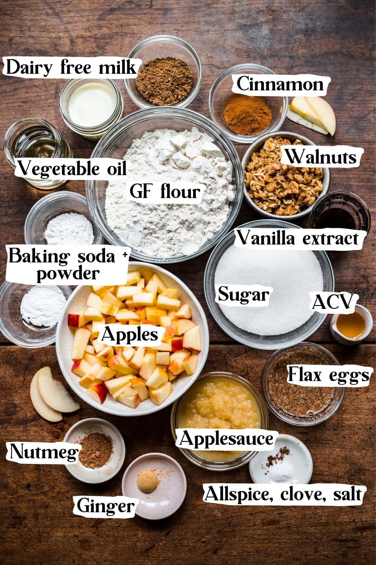 Overhead view of ingredients used in the apple walnut cake.