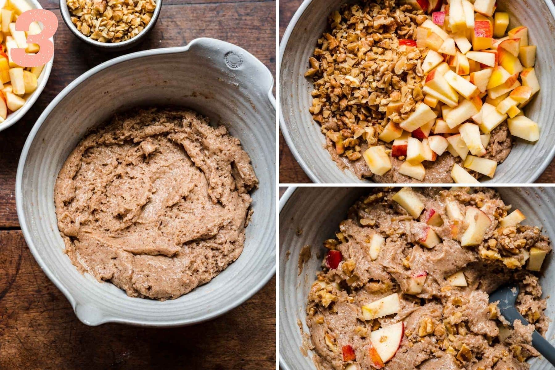 On the left: dry and wet ingredients mixed together. On the right: walnuts and apples being incorporated into the batter.