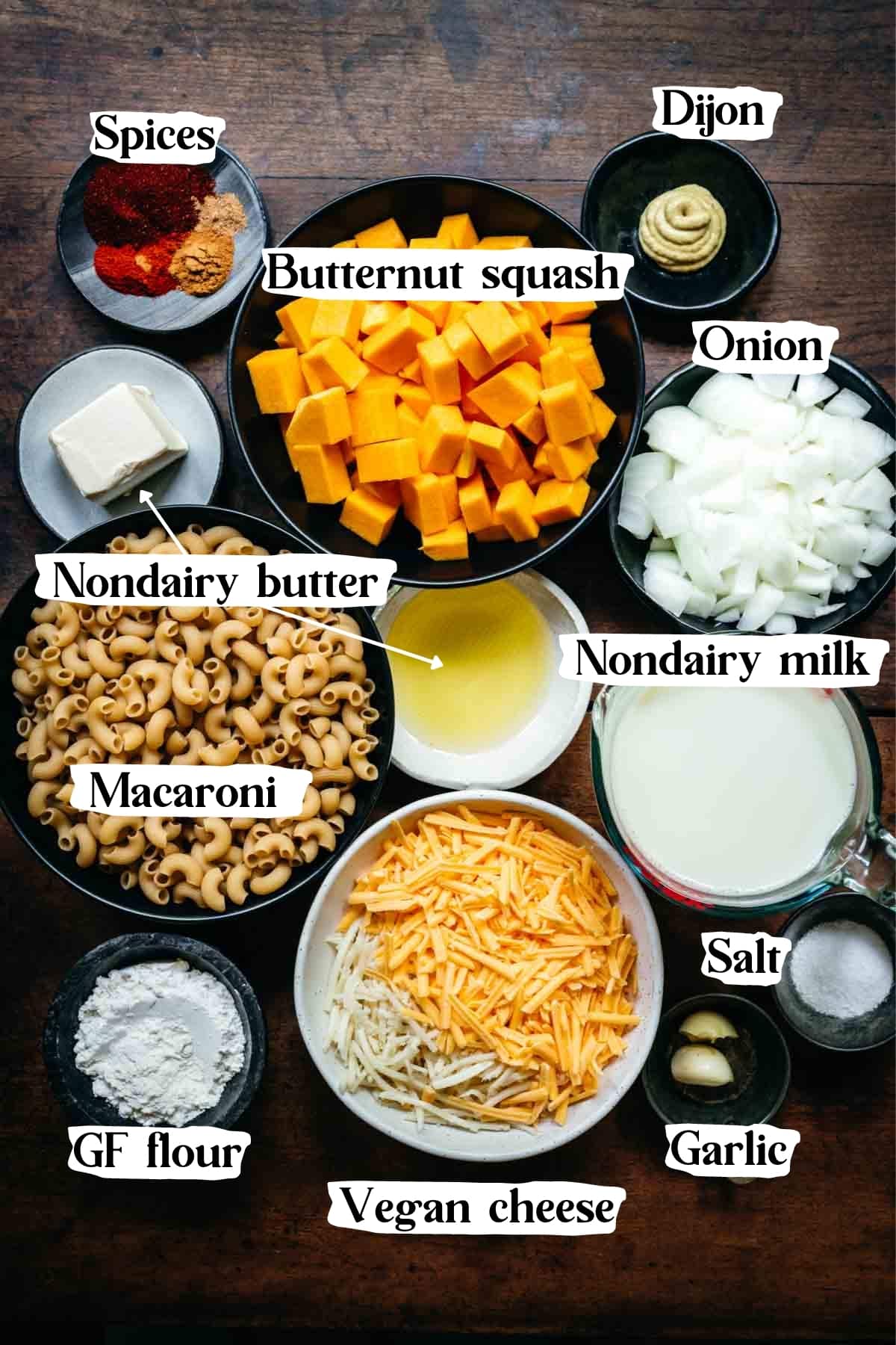 Overhead view of vegan butternut squash mac and cheese ingredients.