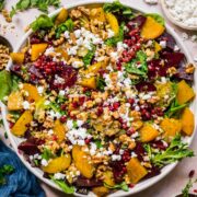 Overhead view of beet feta salad.