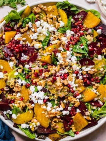 Overhead view of beet feta salad.