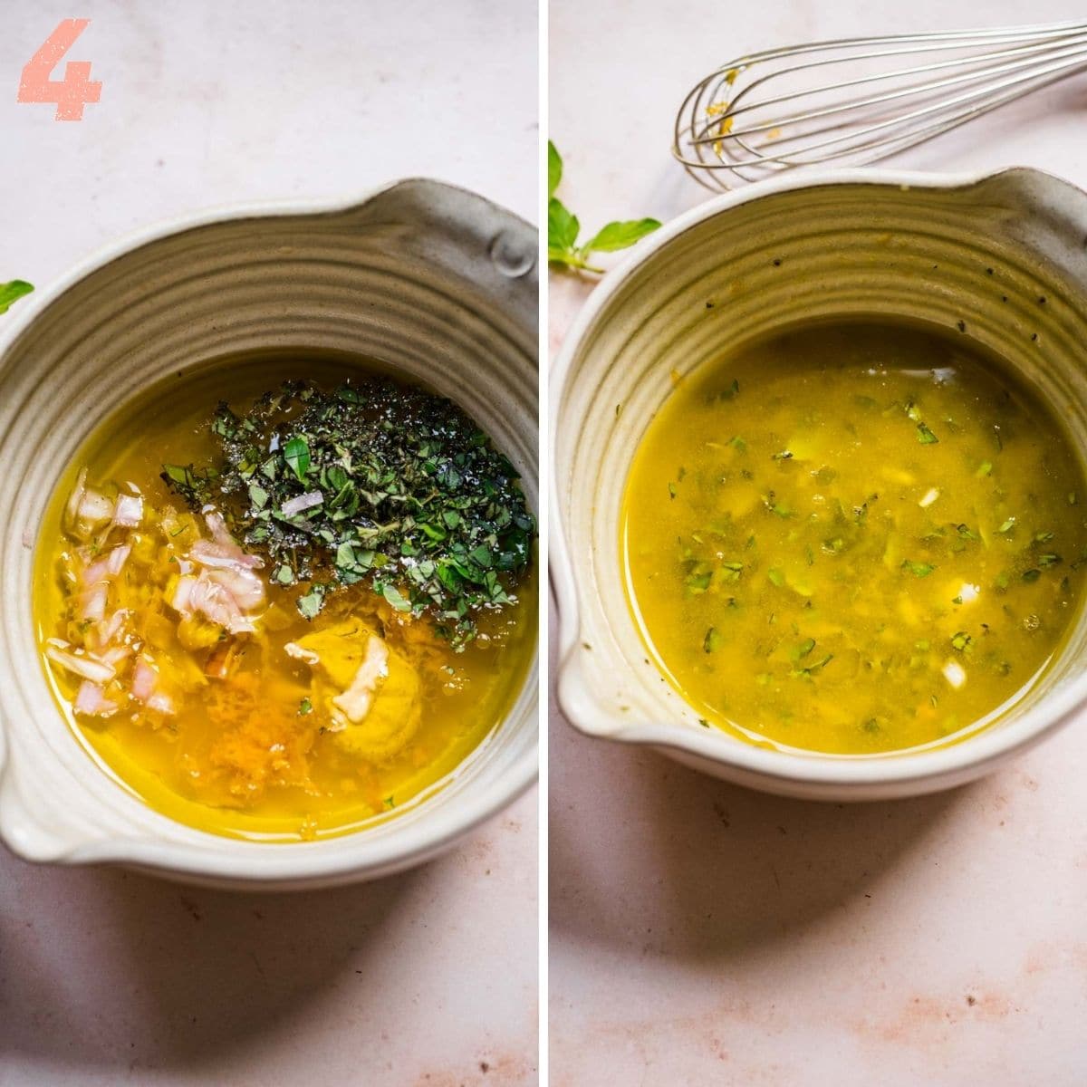 Overhead view of the salad dressing being whisked together.