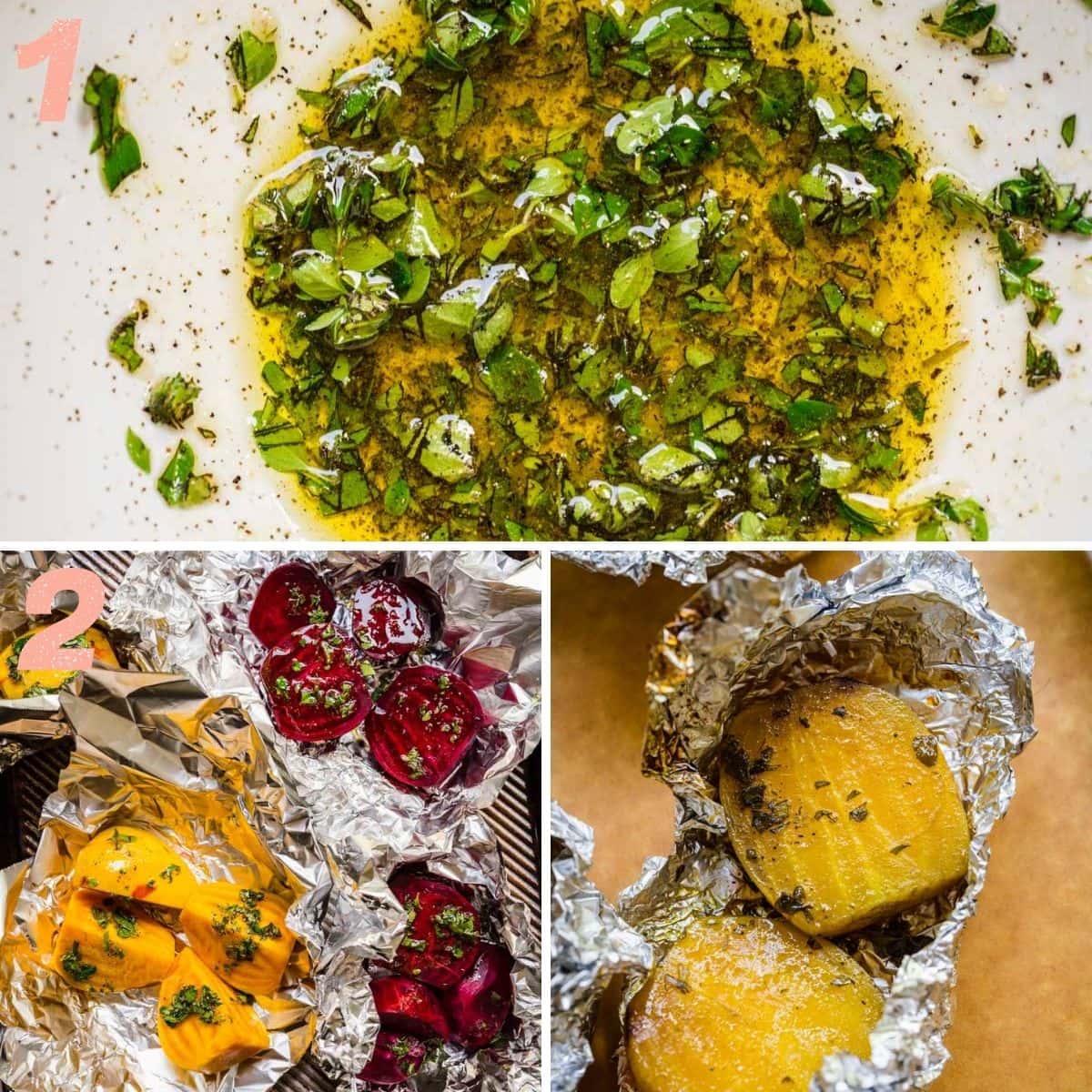 On top: herbs being stirred together. On the bottom: beets before and after roasting.