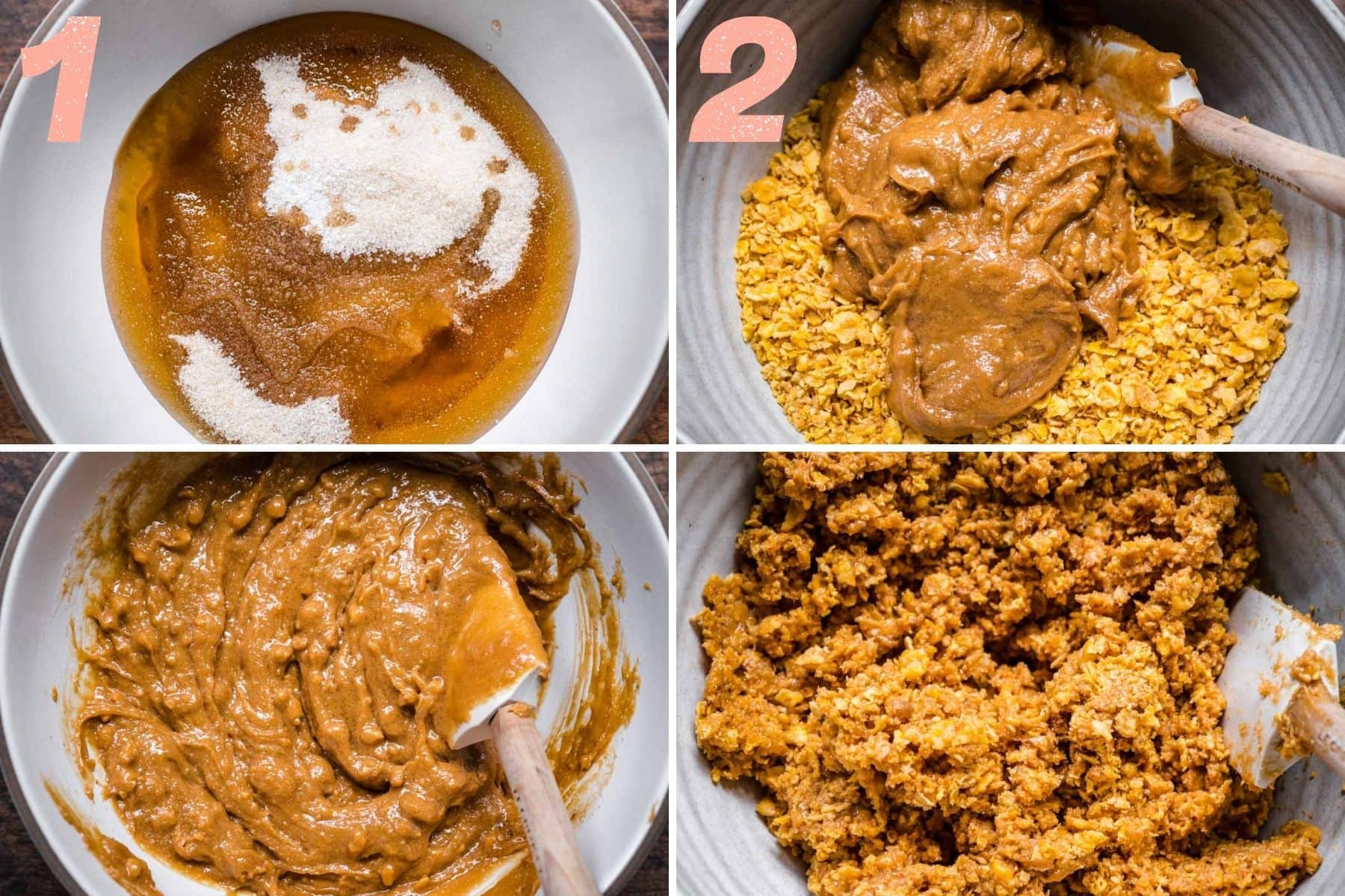 On the left: peanut butter stirred. On the right: cornflakes being stirred into peanut butter.