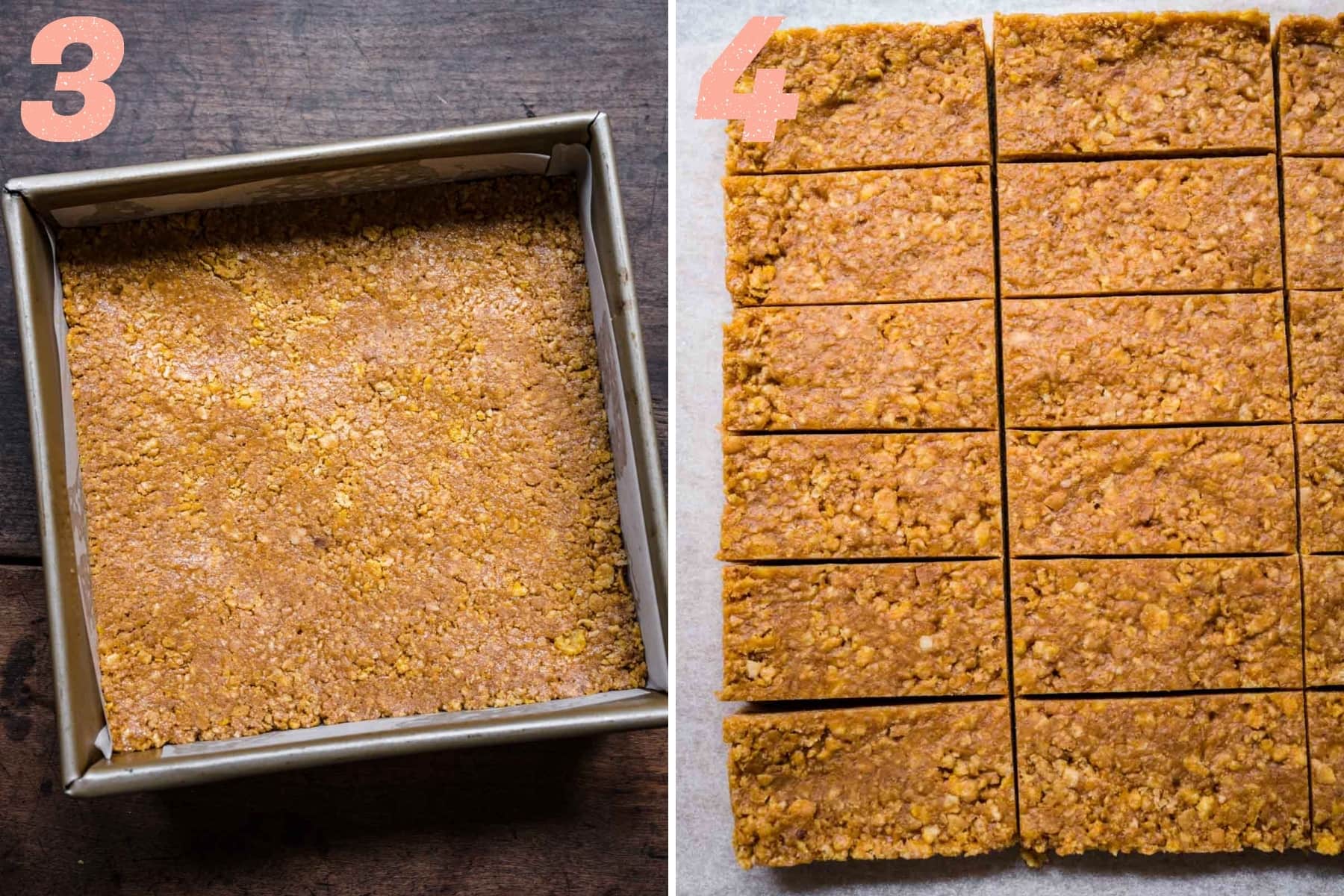 On the left: mixture flattened out into a sheet pan. On the right: mixture cut into rectangles.