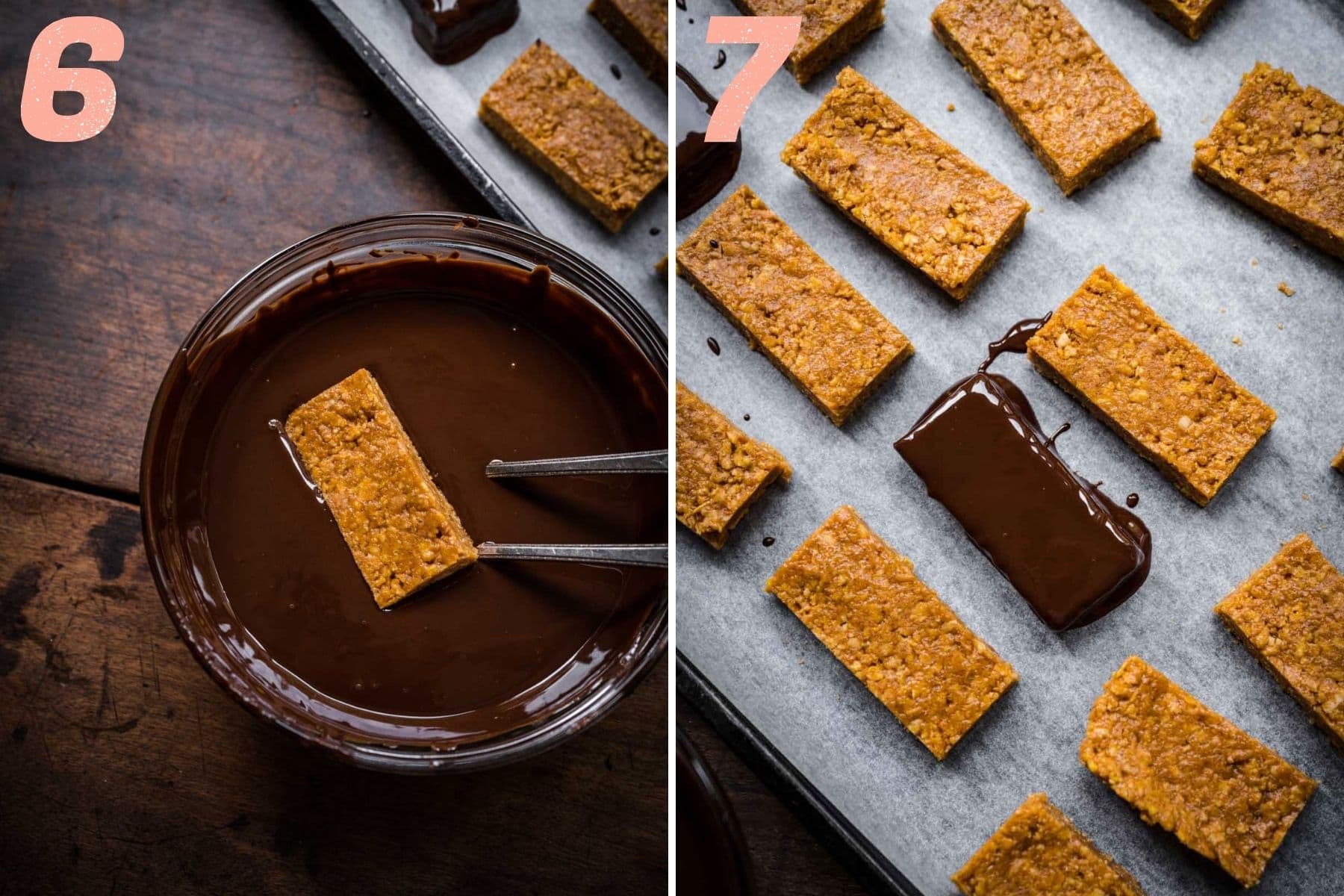 On the left: chilled peanut cornflake mixture dipped in chocolate. On the right: dipped butterfinger sitting on a lined parchment tray.